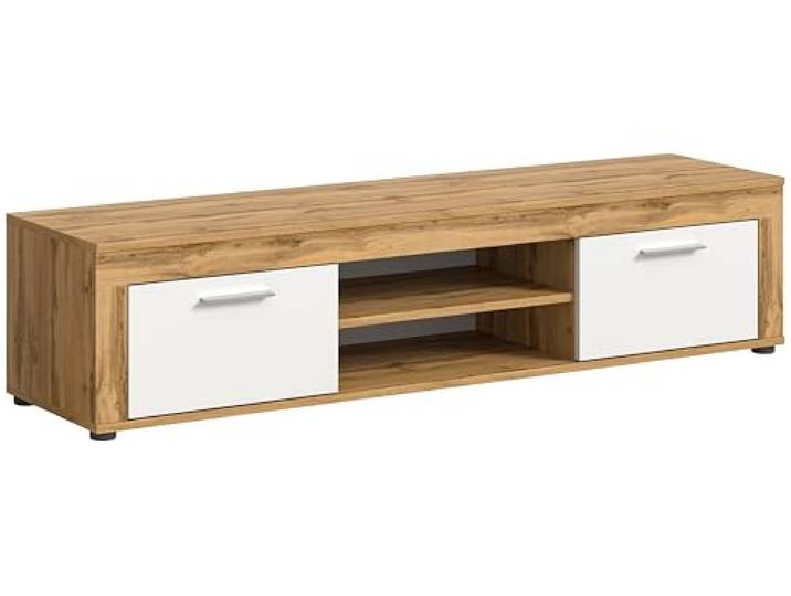 xonox.Home Wohnzimmer Jam Lowboard TV-Board Wohnzimmerboard Medienmöbel TV-Bank TV-Schrank in Front weiß Melamin, Korpus Wotan Eiche Nb., ca.160x37x40 cm