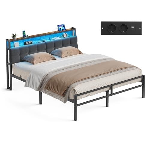 VASAGLE Bedframe met LED-verlichting, USB-oplaadpoort en nachtkastje, 160 x 200 cm