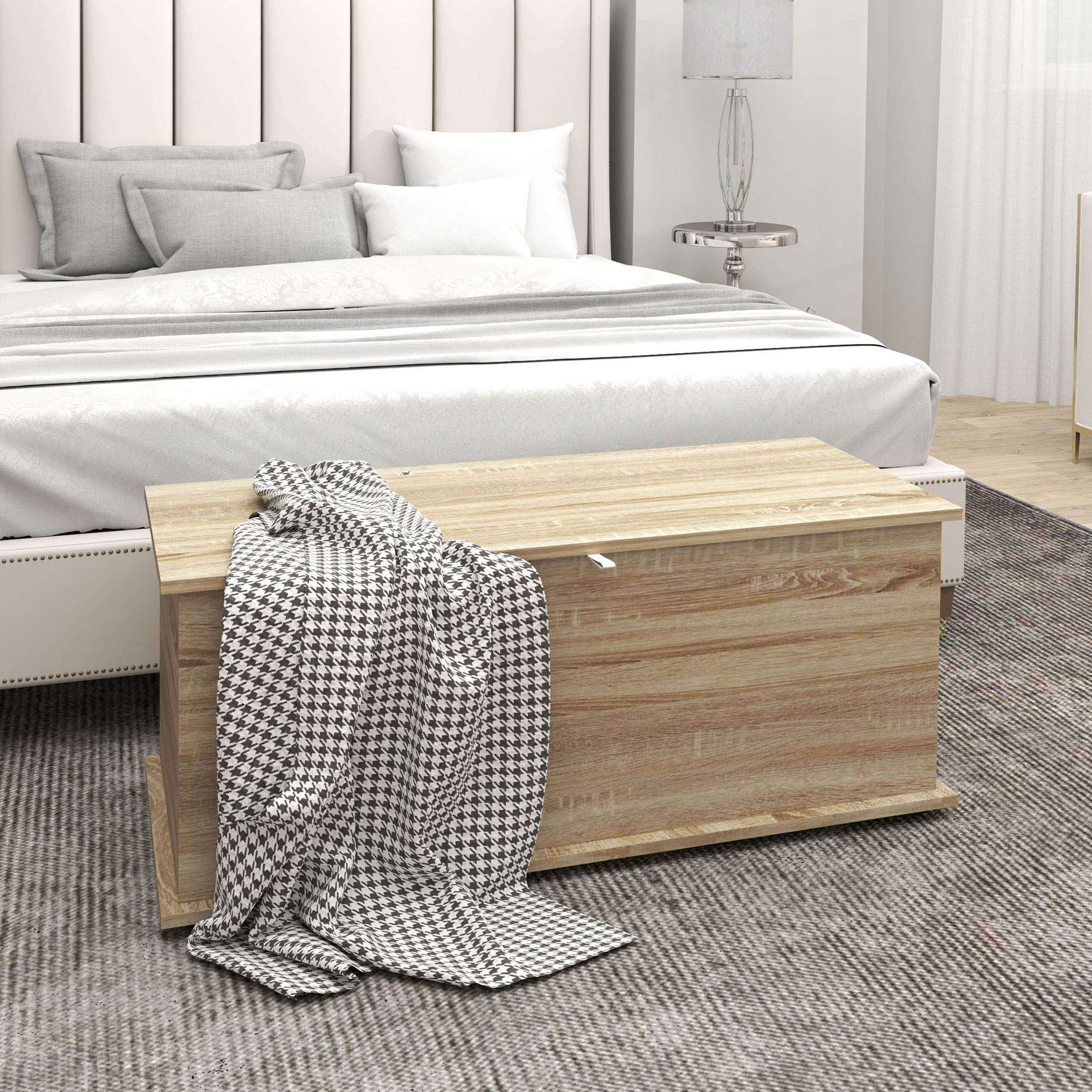 Homcom Cassapanca, panca da stoccaggio con coperchio ribaltabile e cerniere di sicurezza, 100 x 40 x 40 cm, naturale   Aosom Italy
