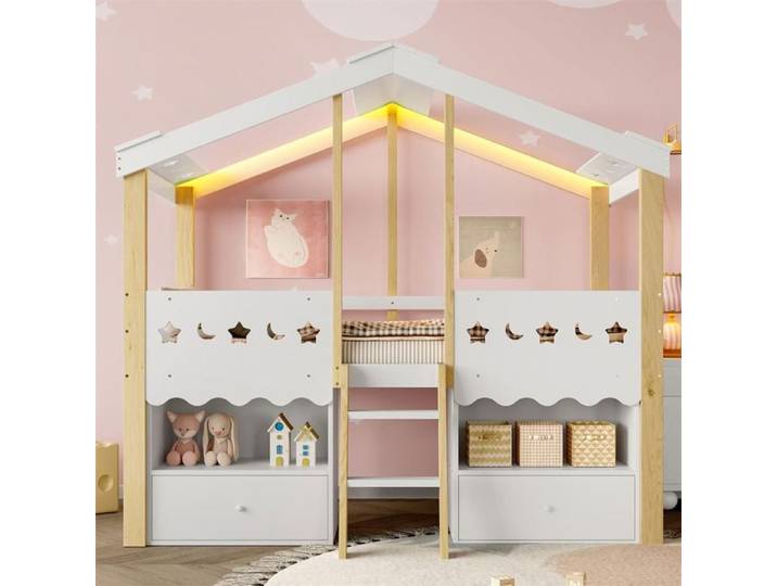 DRIPEX Lit mezzanine forme maison 90x200 cm Lit enfant avec bande lumineuse LED et 2 tiroirs et cassiers de rangement Blanc