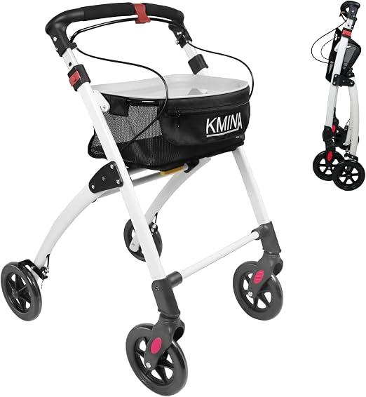 Rollator Schmal für Wohnung, Indoor Rollator Faltbar und Leicht mit Tablett, Mobilitätshilfe für Senioren aus Aluminium, Gehgestell mit Korb, Wendiger Wohnungsrollator - Modell PRO