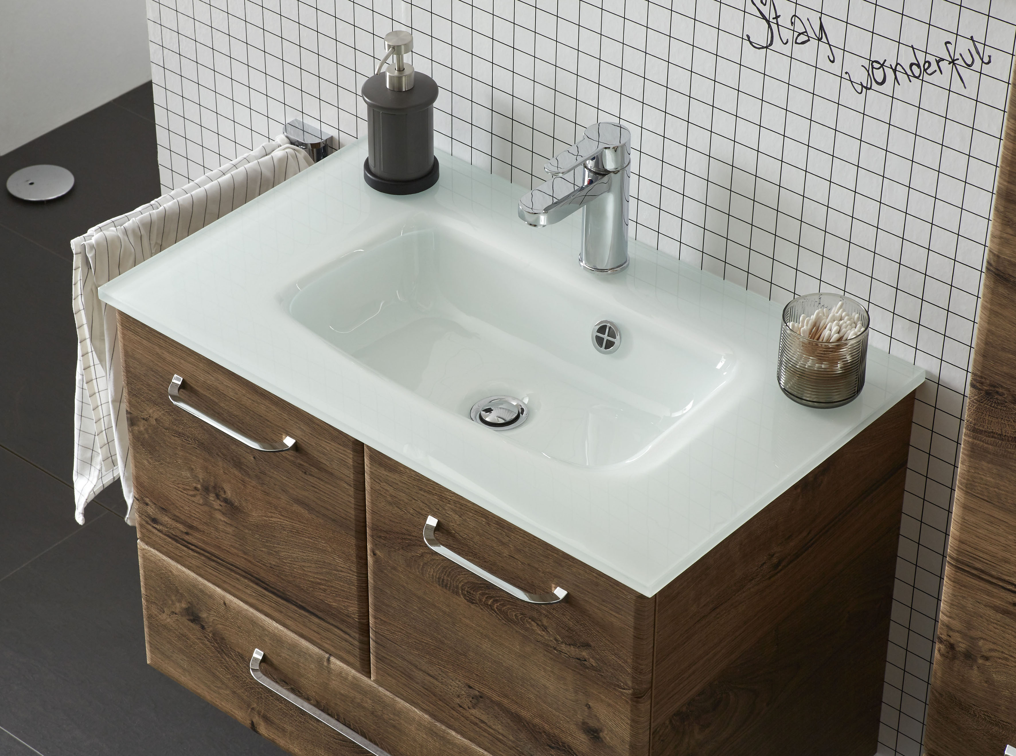Waschtisch SAPHIR "Quickset Glaswaschtisch mit Unterschrank, 74 cm breit, Waschplatz", braun (eiche ribbeck, eiche ribbeck, eiche ribbeck), B:74cm T:44,5cm, Glas, Holzwerkstoff, Waschtische, Waschtisch, Griffe in Chrom Glanz, inkl. Türdämpfer, 2 Türen, 1 