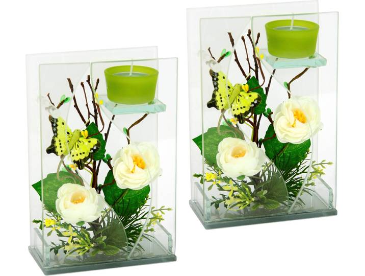 Kerzenhalter GOODPRODUCT, grün (weiß, grün), B:13cm H:19,5cm T:6,5cm, Glas, Kunststoff, Kerzenhalter, Kerzenhalter