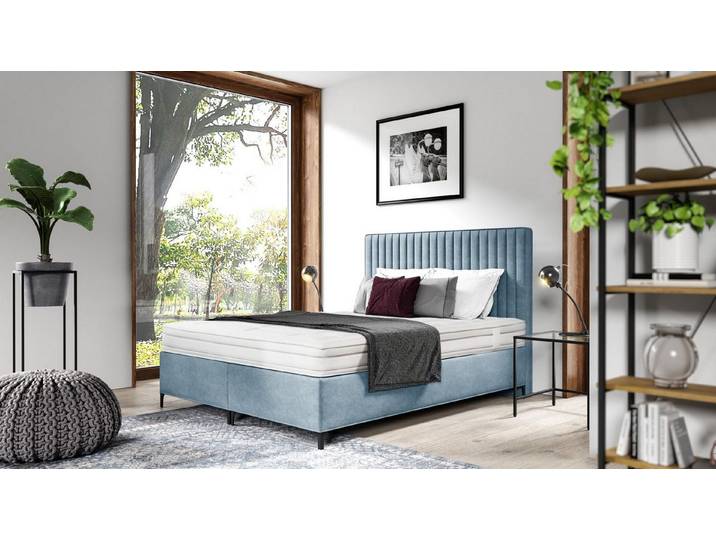 JVmoebel Boxspringbett Blaues Designer Doppelbett mit Bettkästen und Textilbezug (1-St)