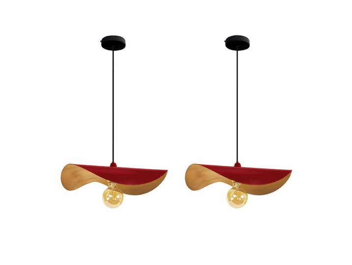 lOT 2 Suspension métal noir abat-jour rouge et or