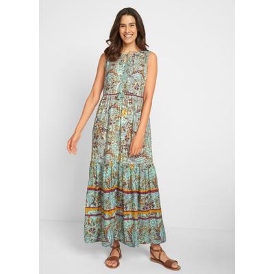 Maxikleid BONPRIX, Damen, Gr. 50, N-Gr, bunt (seegrün floral), Obermaterial: 100% Viskose, loose fit, Kleider Maxikleid, eleganter Stil, aus Viskose, Loose Fit, ärmellos, mit Bordürendruck