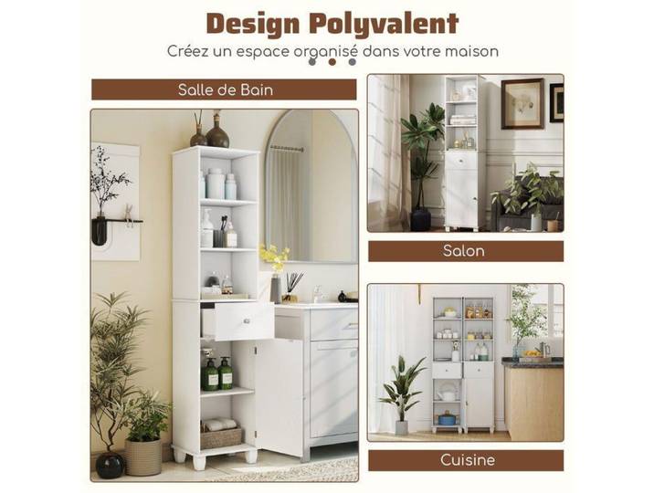 Meuble salle de bain étroit hauteur design 3 étagères tiroir placard gain de place WC petit espace rangement