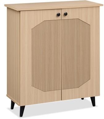 Costway Geometric Cabinet 2‑Door PU‑like Freestanding Footwear Storage with Carved Panels for Entryway Hallway Living Room-Natural