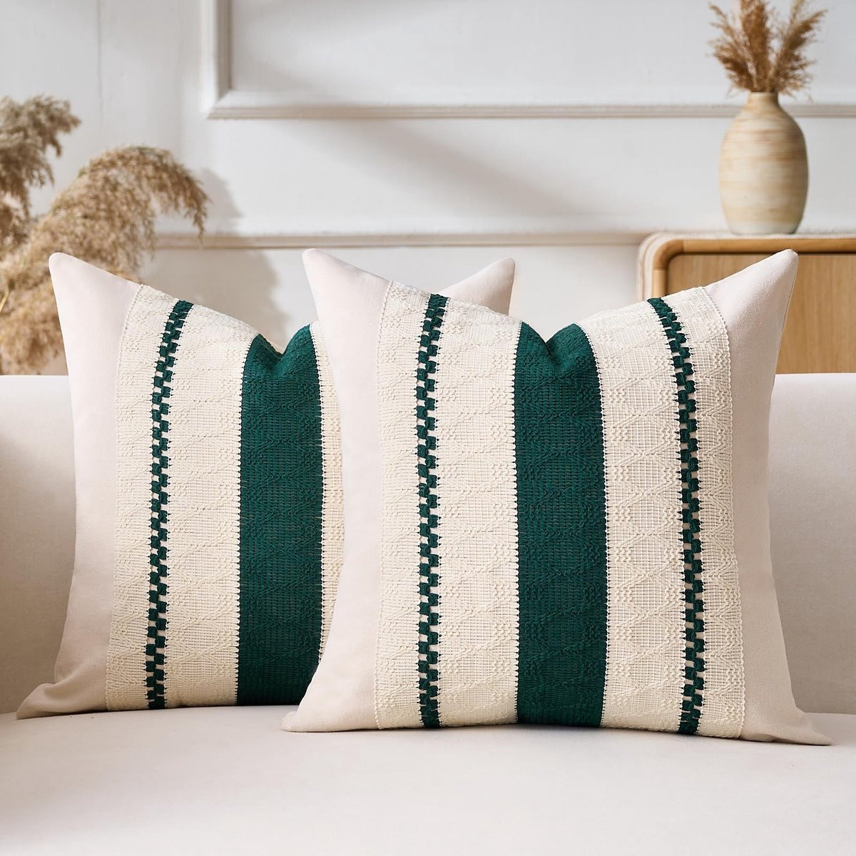 Omgoods Sierkussenhoezen Katoen Linnen - Groen Gestreept - Set van 2 - 40 x 40 cm