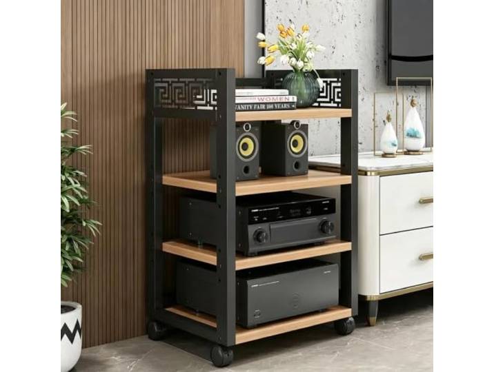 Mehrstufiger AV-Medienschrank, fahrbares Stereo-Regal für Audioanlagen 4-stufig verstellbare Böden, stabiler Holz-Metall-Aufbau, leichtlaufende Rollen(Light Walnut,19.7x15.7x34.6in)