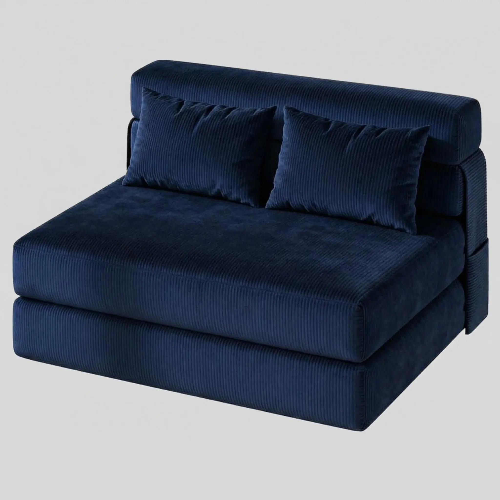 2-in-1 Schlafsofa - Klappbares L-förmiges Sofa - Schlafsessel und Bodensofa - Metallrahmen - Samtbezug - Dunkelblau