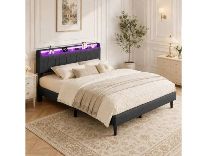 Polsterbett Doppelbett 140x200cm mit LED, Jugendbett mit Lattenrost, Leinen 18 cm Bodenfreiheit, stabile Metall-Holz-Konstruktion, pflegeleichter Bezug, ideal für Schlaf- und Gästezimmer