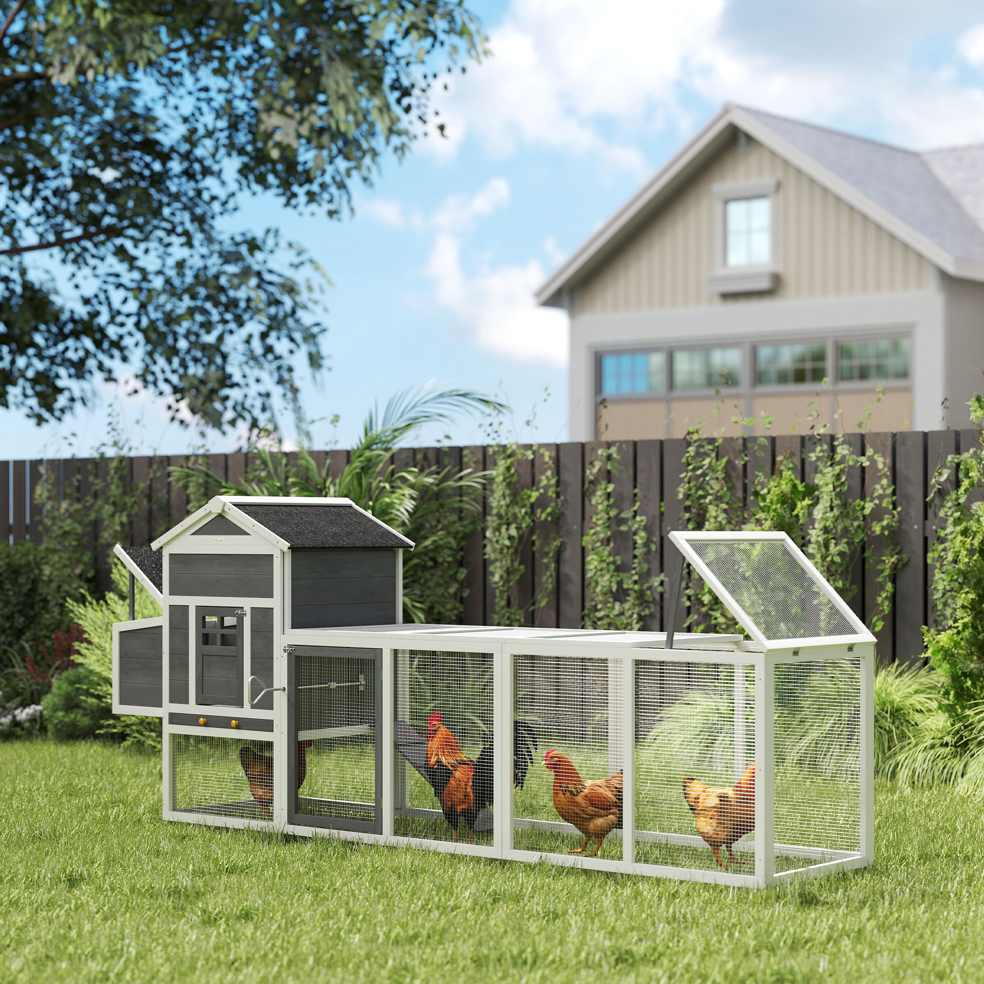 Pawhut Pollaio in legno pollaio per galline esterno con nido vassoio rimovibile in legno massiccio 297,5 x 68 x 118 cm bianco   Aosom Italy