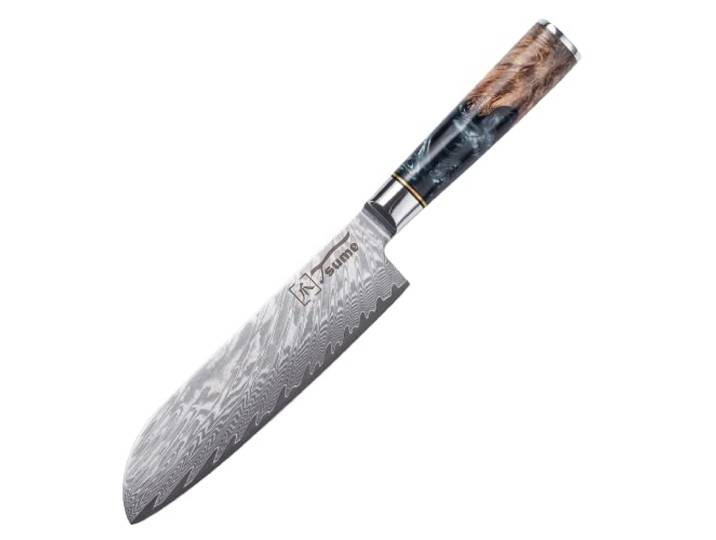 Tsume Santoku Messer Onyx, Klingenlänge 19cm, Echtes Damast Küchenmesser, 67 Schichten VG10 Edelstahlkern mit schwarzem und weißen Kunstharz und Holz Handgriff, Rasiermesserscharf