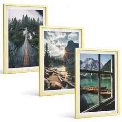 BILDER SET 3er Set - 40x60 cm Goldrahmen - Brücke, Wald, See, Boote, Berge