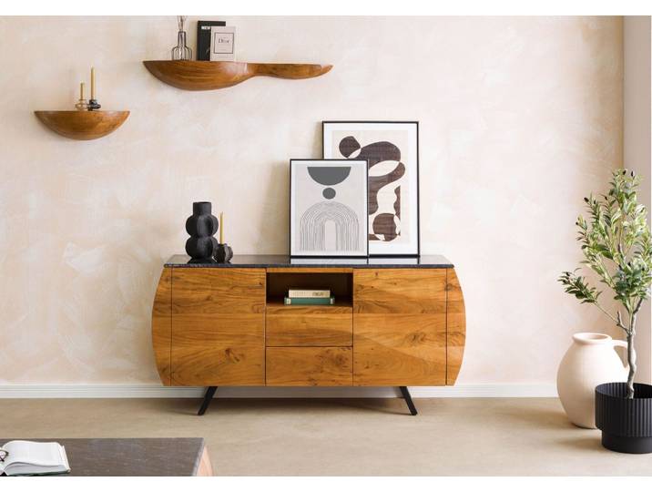 Sideboard Akazie 154x40x75 natur lackiert / Marmor schwarz MONTREAL #125