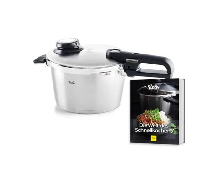 Fissler, Vitavit Premium Schnellkochtopf-Set (4,5 L, Ø 22 cm), Einsatz & Schnellkochtopf-Buch, 4 Garstufen inkl. Dampfgarstufe, Induktion, Made in Germany