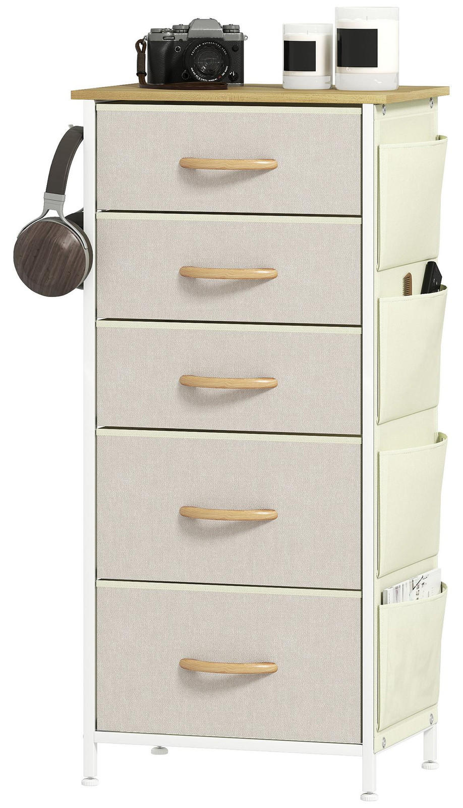 HOMCOM Kommode met 5 lades, beige, vliesmateriaal met haken en zijvak