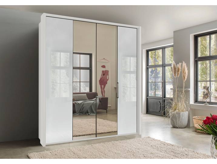 Kleiderschrank, Holzwerkstoff, Weiß mit Weißglas & Spiegel, 200 cm, 2 Türen, Wiemann Kansas