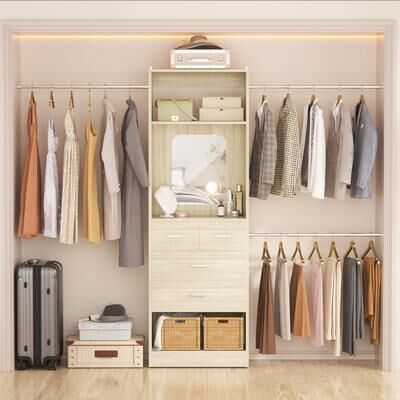 Rackcog "48""-96"" W Wooden Closet System with 4 Wooden Drawers and Mirror, Walk-in Closet Organizer with 4 Adjustable Hanging Rods"
