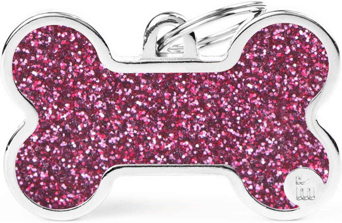 MyFamily Medaglietta Shine per Cani Personalizzabile Osso Glitter Rosa XL