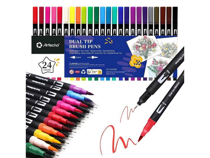 Filzstifte Set 24 Farben Dual Tip Pinselstifte für Kalligraphie und Handlettering, Mehrfarbig, Kunststoff, 16x1.5x25.4 cm, Dekoration, Malbedarf & Bastelbedarf