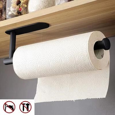 Inspired Finds Adhesive Space Saver Paper Towel Holder And Toilet Roll Rack long Black