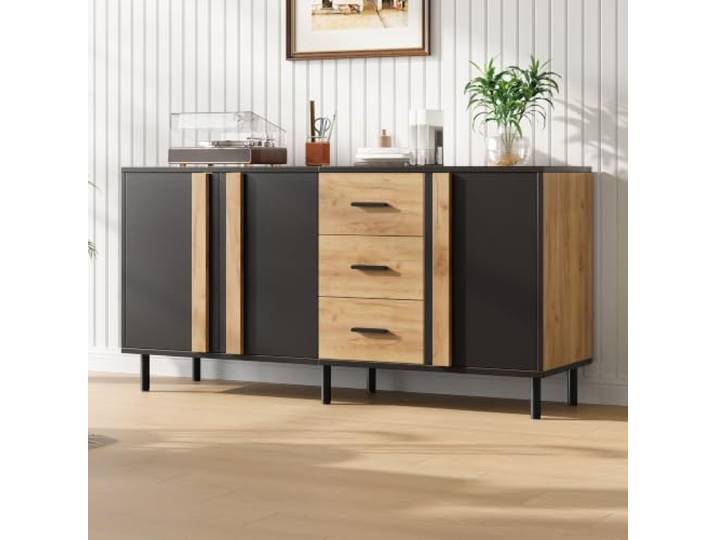 BXEYXE Sideboard 140x35x70 cm aus MDF, Kommode mit 3 Türen und 3 Schubladen, Beistellschrank, moderner Schrank mit 6 stabilen Metallbeinen für Wohnzimmer,Schwarz + Naturholzfarbe