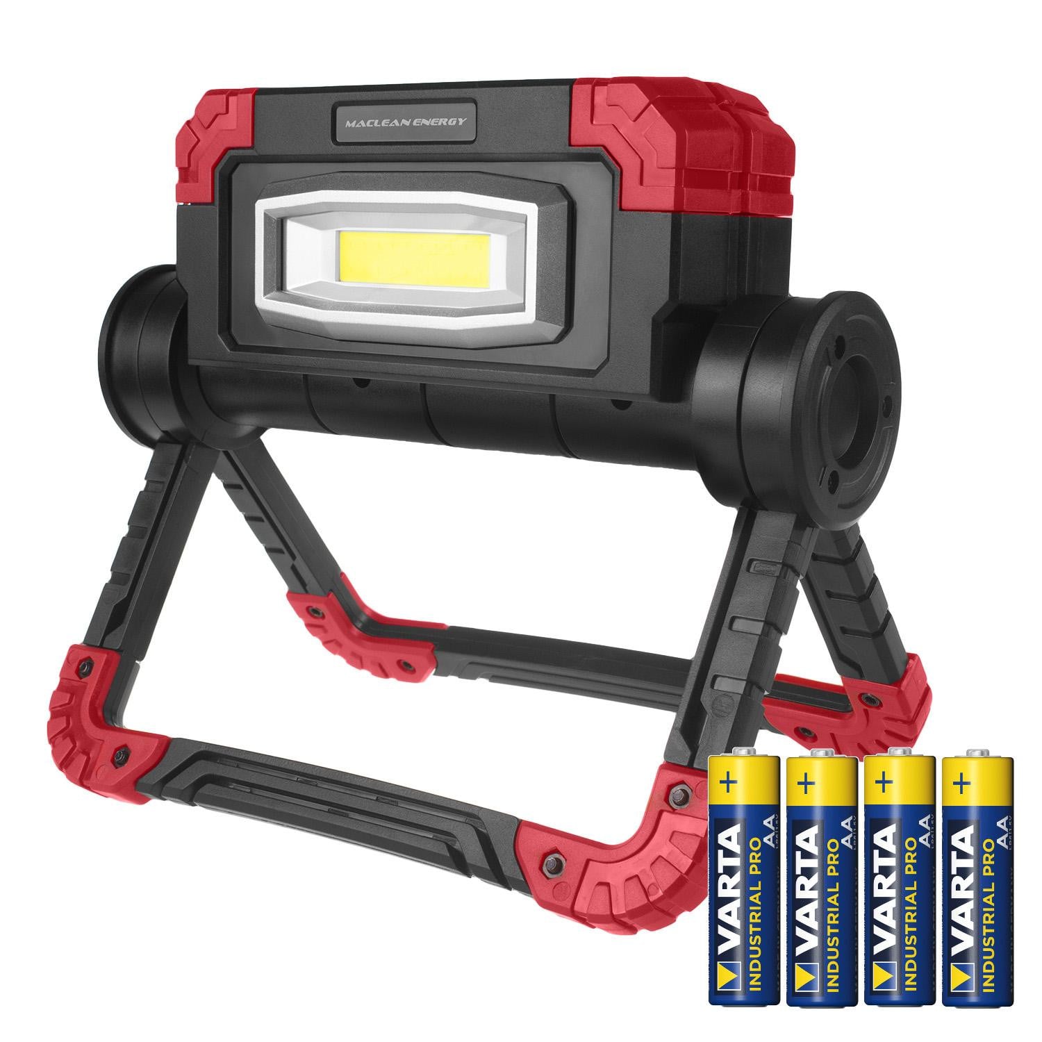 Maclean MCE439 LED COB werklamp met 3 lichtstanden, 300 lm en 6500K kleurtemperatuur, inclusief 4x Varta Industrial AA batterijen