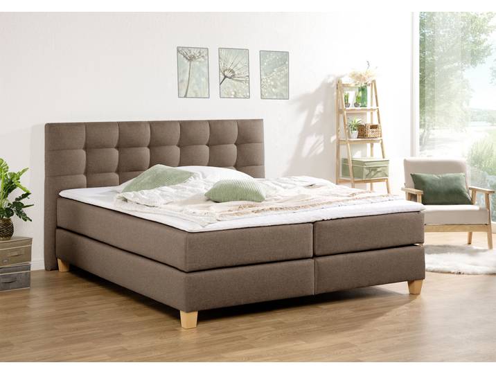 Boxspringbett, Samtstoff, Mittelbraun, 194×211 cm, Inkl. Topper, Klassisch, Home-affaire
