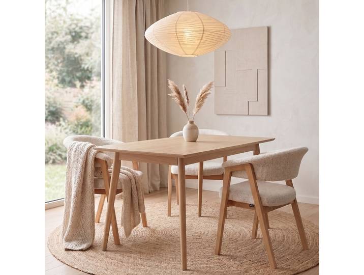 Holzstuhl für das Esszimmer Nux hellbeiger Chenille/Eiche natur