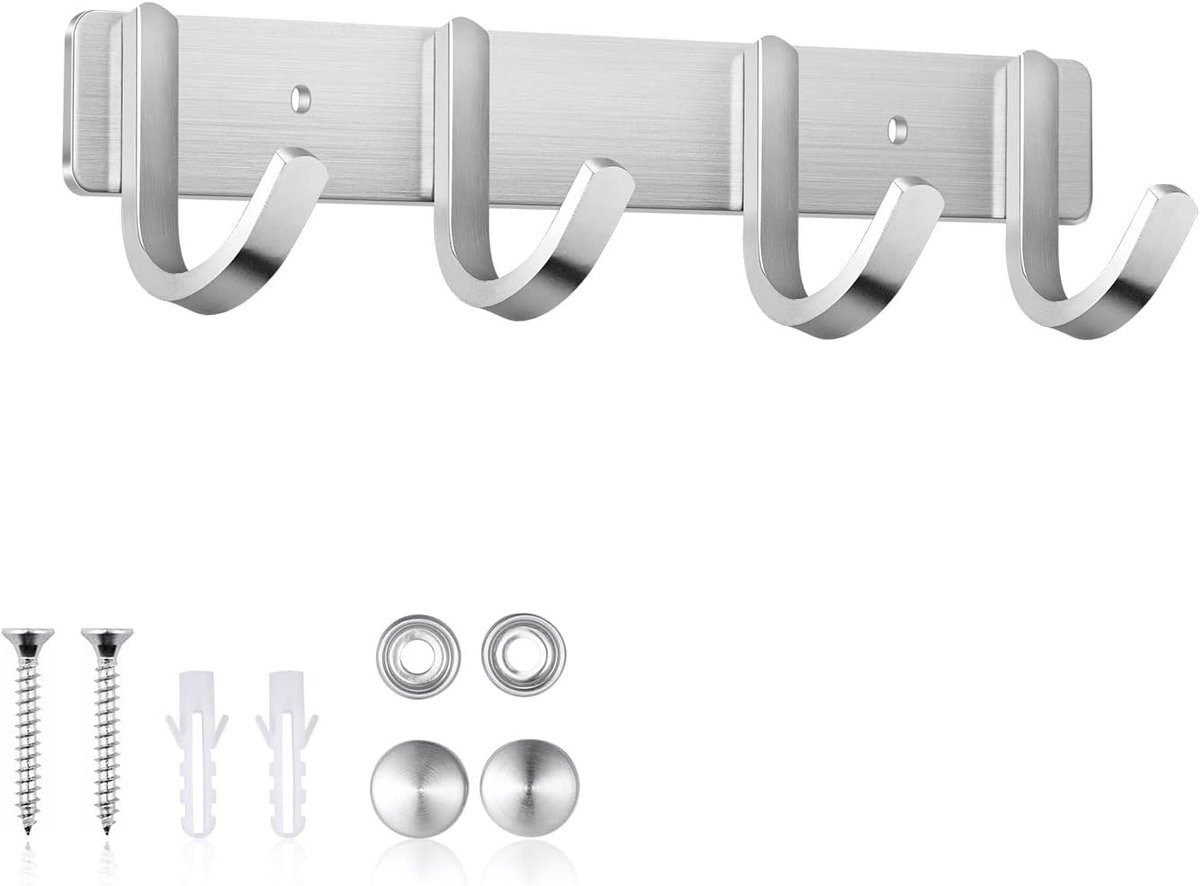 Multifunctionele wandhaak met 4 haken van roestvrij staal voor kleding en accessoires in de badkamer of keuken