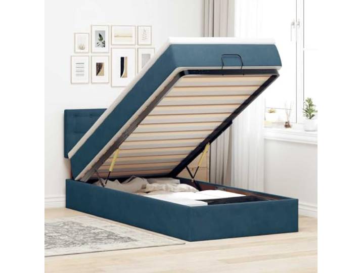 KFPOERTFGD Ottoman-Bett 90x200 cm Dunkelblau, Polsterbett mit Matratze, Stauraum und hydraulischem Hebemechanismus, Samt Bezug