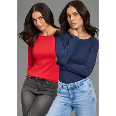 Longsleeve LAURA SCOTT "mit U-Boot Ausschnitt", Damen, Gr. 48/50, bunt (marine, rot), Jersey, Obermaterial: 95% Baumwolle, 5% Elasthan, unifarben, Basic, figurbetont hüftbedeckend, U-Boot-Ausschnitt, Shirts, im Sparset, figurbetonte Passform,...