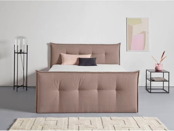 Boxspringbett, Textile Struktur, Grau (Taupe), 195×226 cm, Mit Bettkasten & Topper, Skandinavisch, andas