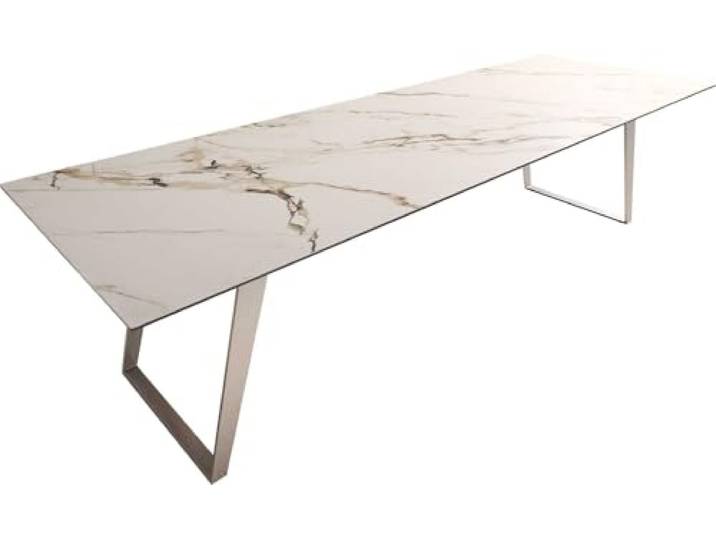 Esszimmertisch Edge Keramik Calacatta Luxe Weiß-Gold-Grau 300x100 Edelstahl Schräg