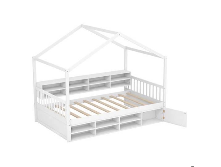 GOPLUS Cadre de Lit 200x90CM avec Casiers et Armoire-Plateforme à Lattes en Bois-Charge du Lit 200KG-en Forme de Maison Blanc