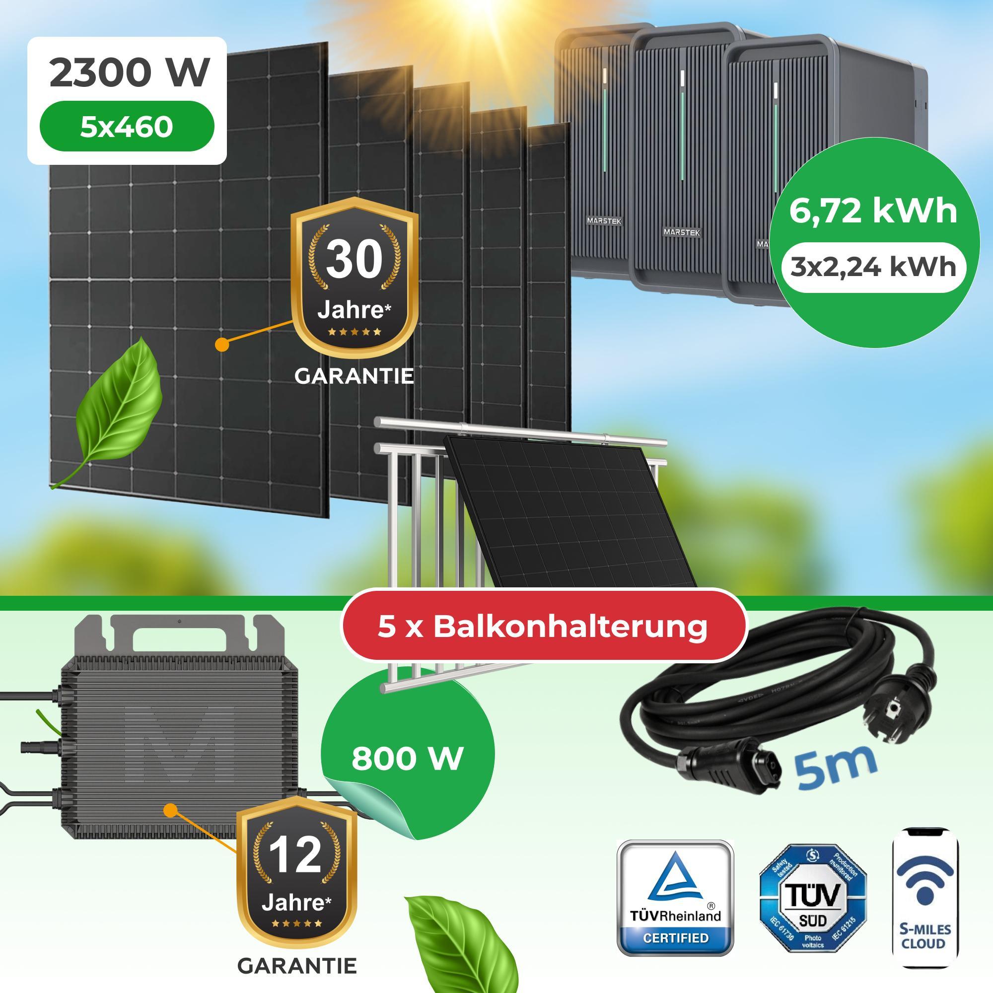 Balkonkraftwerk Komplettset 2300W - 5 bifaziale Glas-Glas Solarmodule, 6,72 kWh Speicher, Marstek M2-800 Wechselrichter + Balkonhalterung, App, Wifi