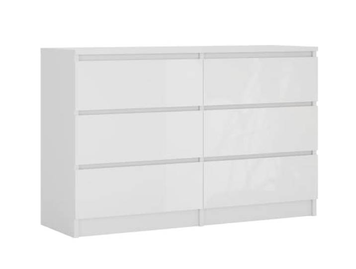 3xE Living Kommode 120 cm, 6 Schubladen, Weiß Matt/Weiß Glanz, 120 x 39 x 79 cm