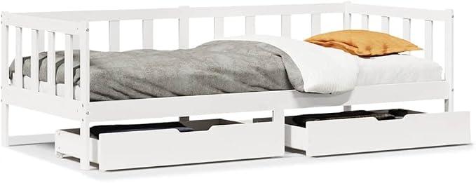 90x190 cm Solid Wood Daybed with Storage Drawers, White | Features a slatted frame and 2-in-1 sofa design, ideal for living rooms, guest bedrooms, and kids' rooms.