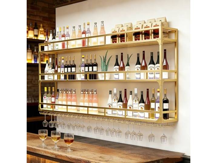 amhricho Weinregal Wand, 3 Ebenen Wand-Weinregale mit Glashalter, Multi funktionaler Weinpareite Display Rack,Weinflaschenhalter Wandmontage, für Zuhause, Bar, Küche, Restaurant (GOLD, 120*25*90cm)