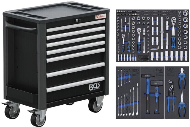 BGS Servante d’atelier, 7 tiroirs, hauteur extra basse, avec 209 outils ; BGS technic (4140)
