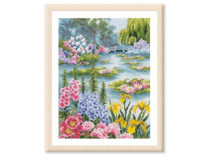 LANARTE Borduurpakket Kruissteek Schilderij WATERLELIEVIJVER Handwerkpakket voor Wanddecoratie 24 x 33 cm Borduurwerk met Telpatroon DIY Kit Moderne Kruissteek Cadeau Knutselen Voor Volwassenen