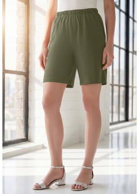 Plus Size Women's Plus Size Soft Knit Pull-On Short by Roaman's in Dark Olive Green (Size S) Pull On Elastic Waist