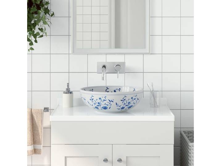 VidaXL Evier de comptoir rond Φ41x14 cm céramique blanc et bleu