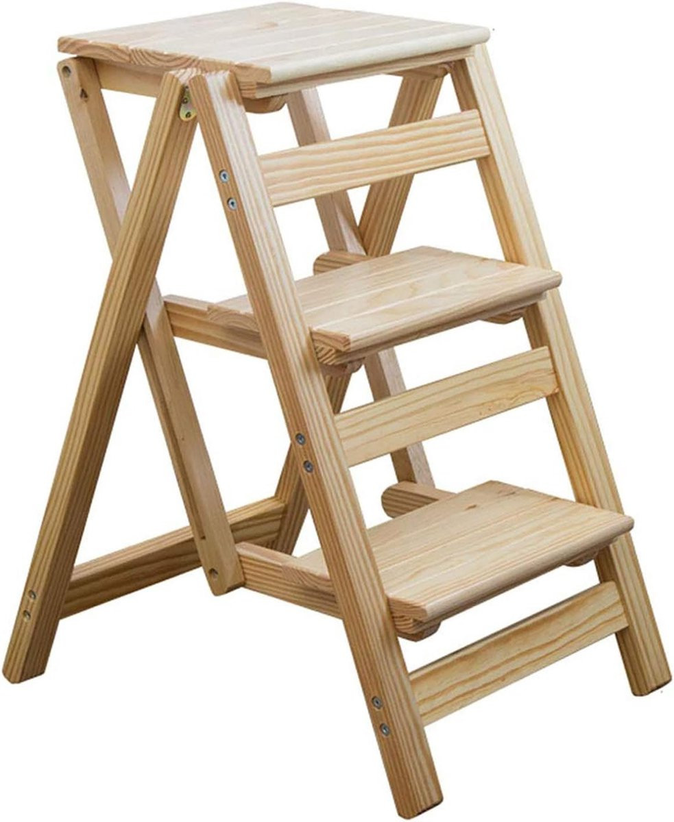 Houten Ladder Stoel - Opvouwbare Trap met Drie Treden - Houtkleur