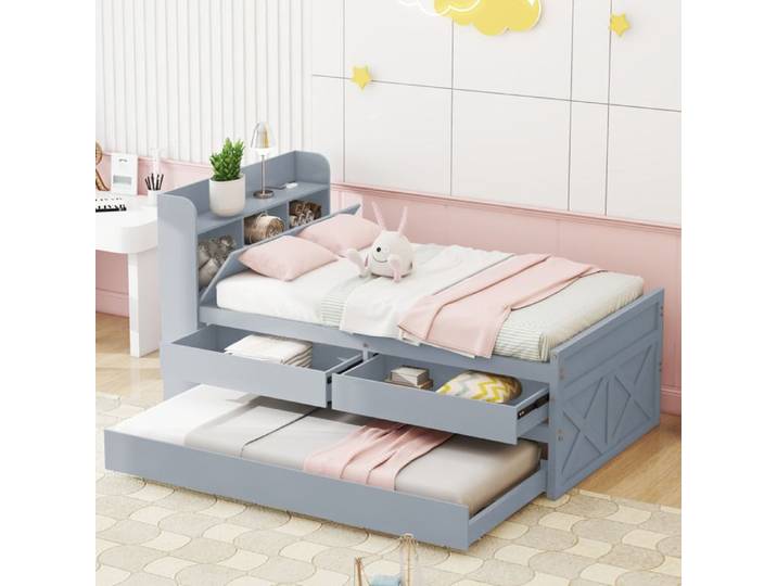 Lit simple multifonction AESVAR 90x190 cm gris en bois avec lit gigogne 2 tiroirs rangement et USB