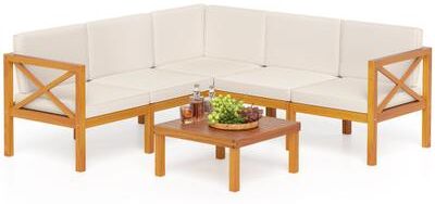 Costway Outdoor 6 Pieces Acacia Wood Patio Sectional Furniture Set-Off White