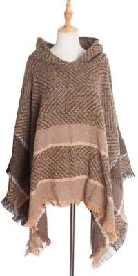 Sparkle Elegant Autumn Winter Fishbone Pattern Womens Hooded Cape Pullover Poncho Black Cloak, Cozy Fashion Poncho For Ladies 4