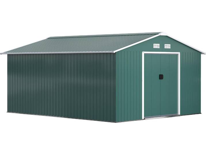Outsunny Gerätehaus 12,4 m² Gartenhaus mit Satteldach, Schiebetür, Fundament Grün